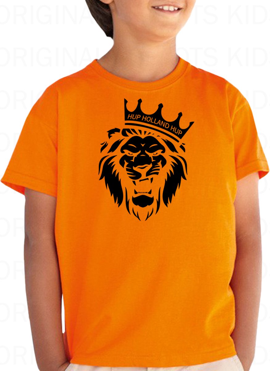 HUP HOLLAND HUP uniseks kids T-shirt - Oranje met zwart - Maat 104 - Korte mouwen - Ronde hals - Regular Fit | Normale pasvorm - Voor zowel jongens als meisjes - EK | WK - Nederlands Elftal - KNVB - Original Kwoots